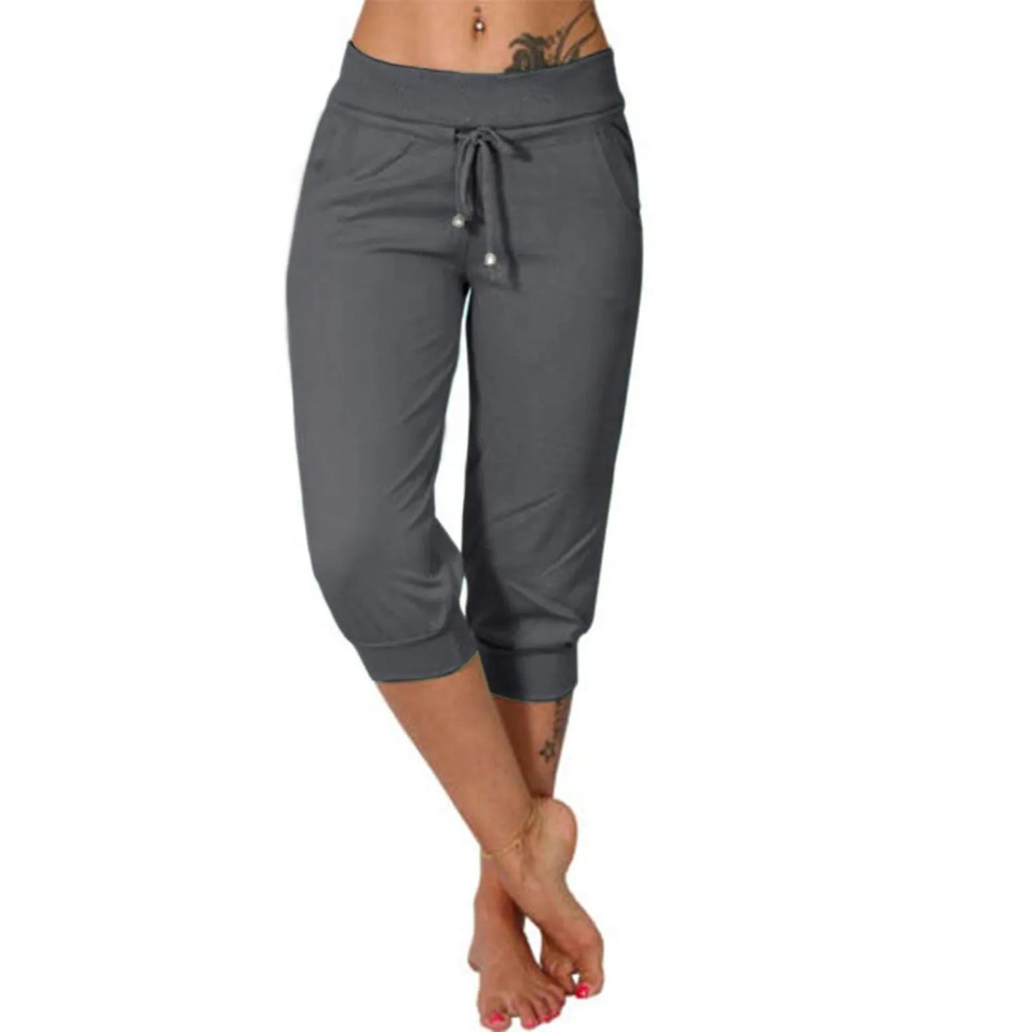 Women’s Cotton Linen Jogger Capris - Solid Color Summer Casual Pants with Double Pockets for Beach & Vacation Wear