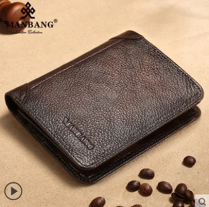 Manbang Genuine Leather Men’s RFID Blocking Trifold Wallet – High Quality Card Holder with ID Window Slim Business Wallet for Men