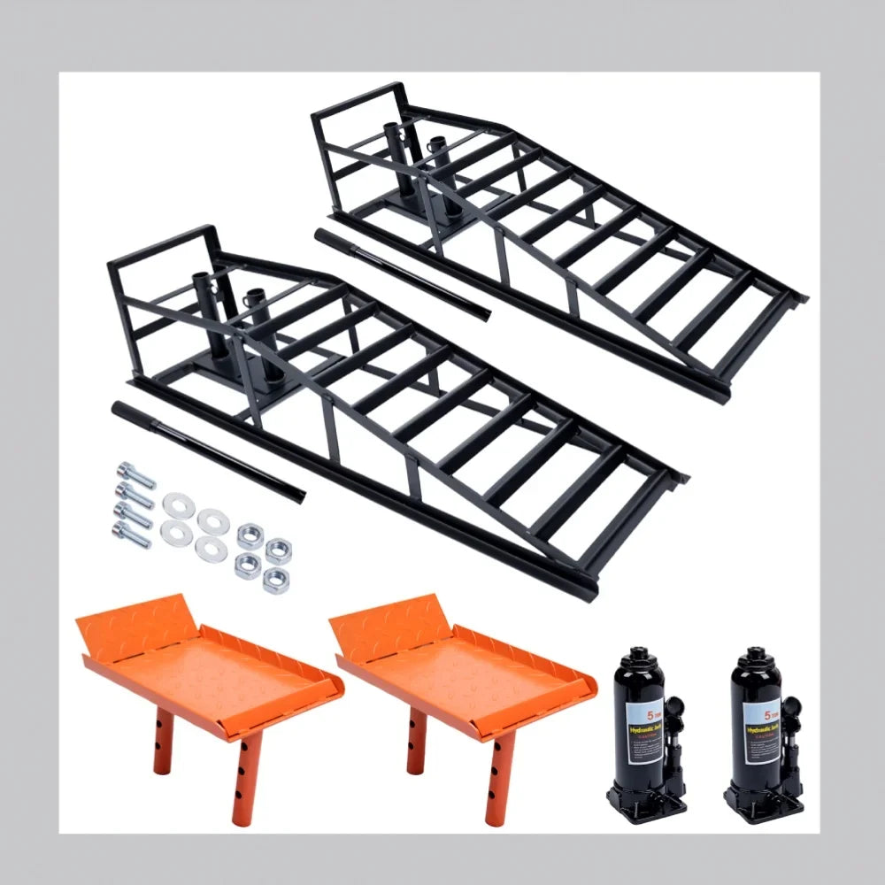 2PCS Heavy Duty Hydraulic Car Ramps - 11000LBS Floor Jack Lift Ramps for Oil Change, Truck & Garage Auto Repair