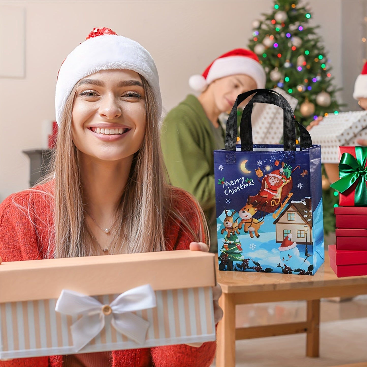 18 Pack Christmas Gift Bags with Handles – Reusable Woven Tote Bags, Waterproof & Foldable, Perfect for Holiday Party Supplies & Decorations