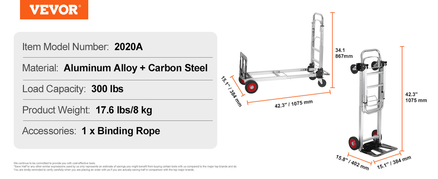 VEVOR Lightweight Folding Hand Truck 400 lbs Capacity Dolly with Wheels for Moving & Warehouse Use 1/2