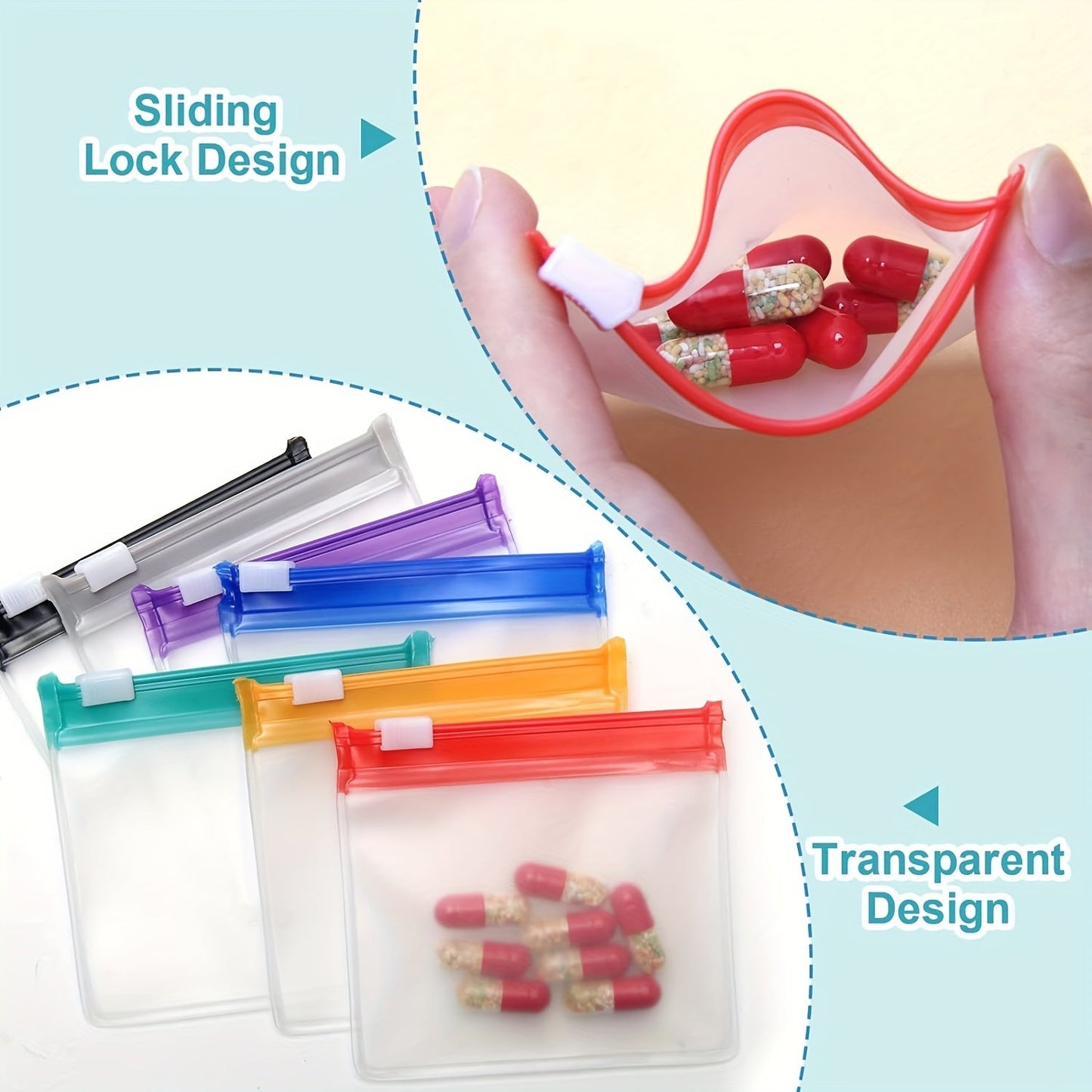 7pcs Reusable Zippered Pill Pouch Set - Translucent Medicine Organizer Bags in 7 Colors with Slide Lock for Travel