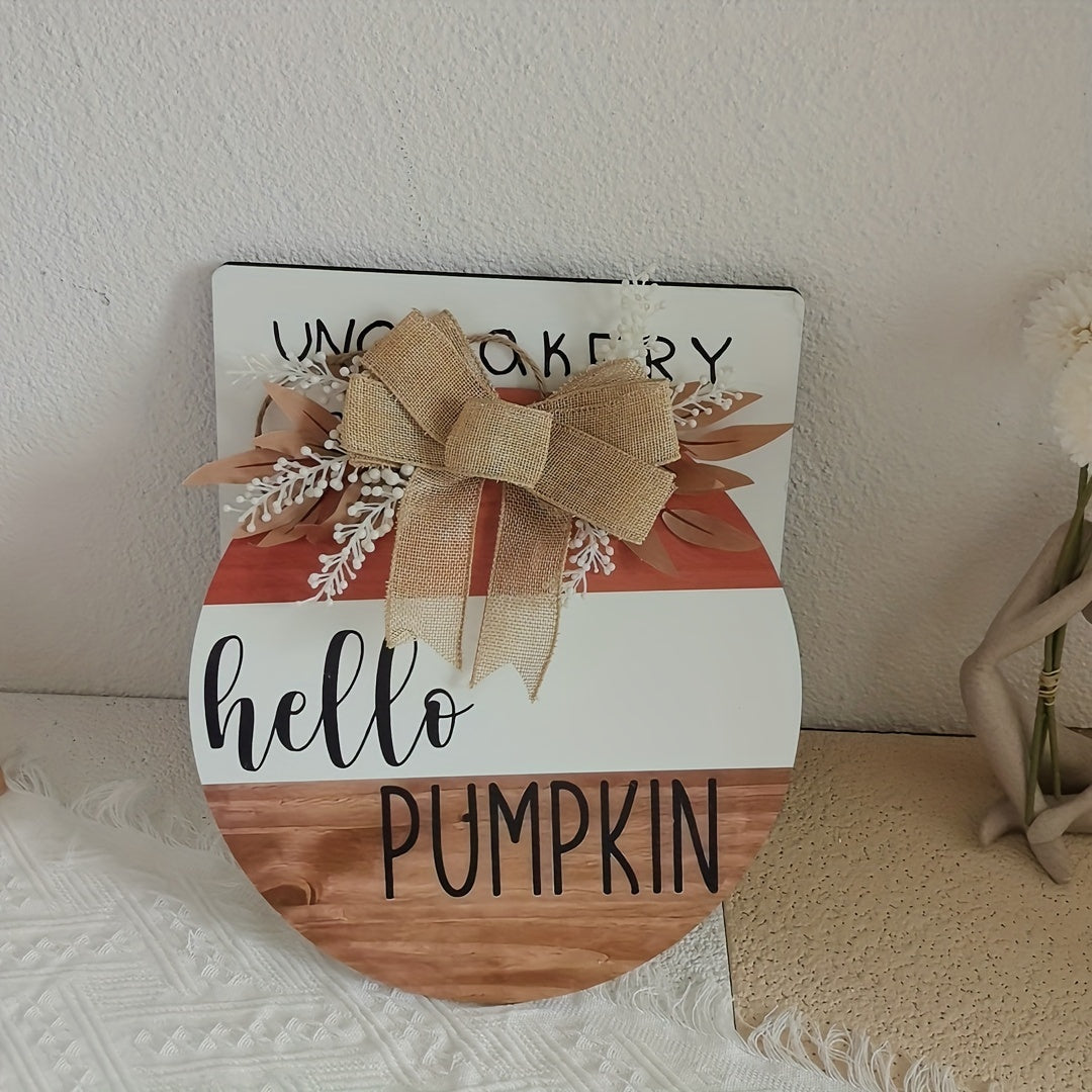 Rustic Wooden Hello Pumpkin Sign – Round Autumn Door Hanger with Bow and Foliage for Fall Harvest Home Decor