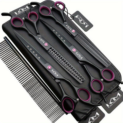4pcs Professional 7-Inch Dog Grooming Scissors Set - Straight, Thinning, Curved, and Chunkers with Comb