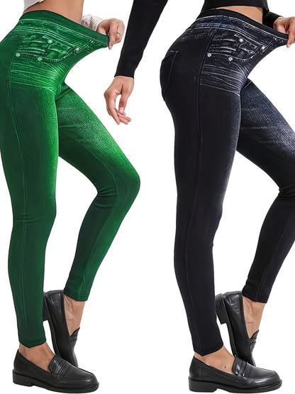 2 Pack Imitation Denim Print Pants - Casual Stretchy Everyday Pants for Women