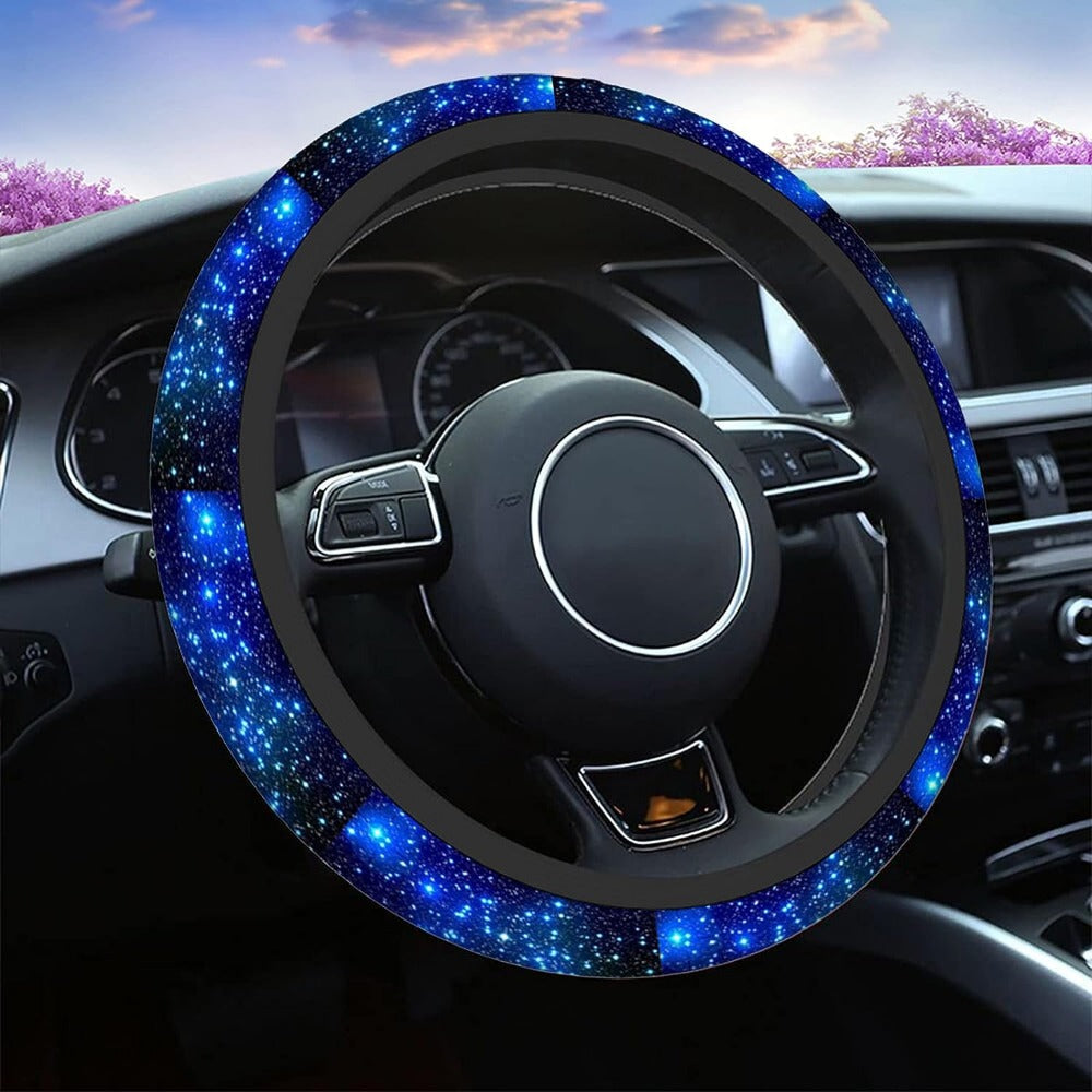 Blue Milky Way Sky Print Steering Wheel Cover - Anti-Slip, Elastic Universal Fit, 15" Protector for Cars, SUVs and Trucks