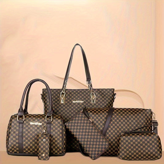 6pcs Fashion-Forward Geometric Bag Collection – Stylish Tote, Chic Boston Handbag, Versatile Crossbody, Spacious Wallet, Elegant Clutch and Key Holder Set for Women