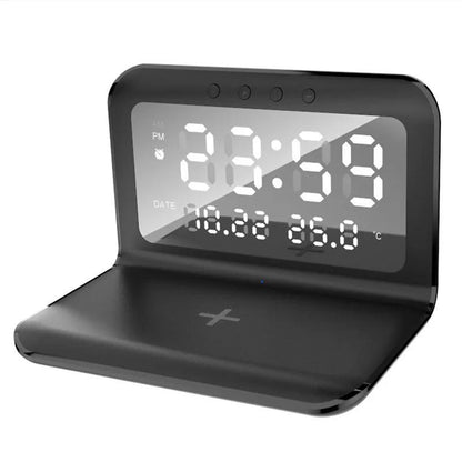 30W Fast Wireless Charger Pad Stand with Alarm Clock, Thermometer, and LED Display – Space-Saving Design for Home or Office