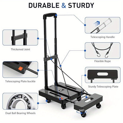 Spacekeeper Folding Hand Truck – 500 LB Heavy Duty Utility Dolly with 6 Wheels & 2 Elastic Ropes for Luggage, Moving, Shopping, Office Use (Black)