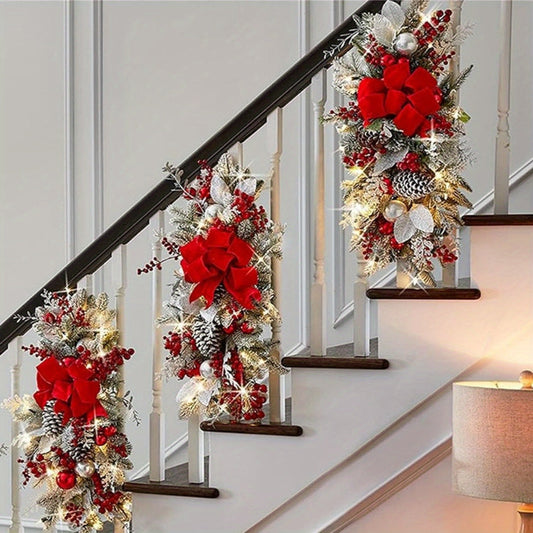 4pcs Lighted Christmas Swags Set - Prelit Wreaths for Front Door, Stairway & Wall Decor with Bows and Balls in Gold, Red, Blue