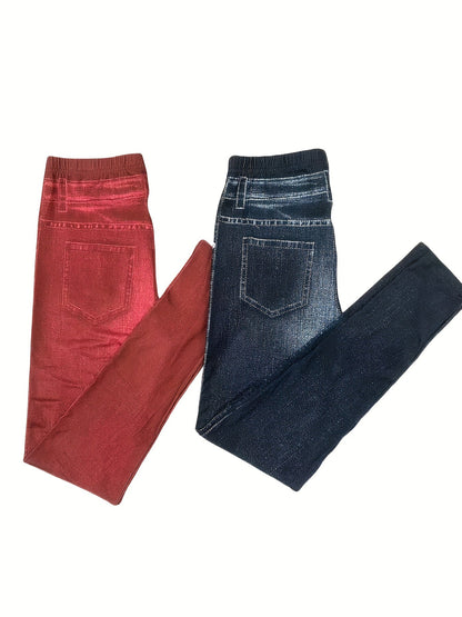 2 Pack Imitation Denim Print Pants - Casual Stretchy Everyday Pants for Women