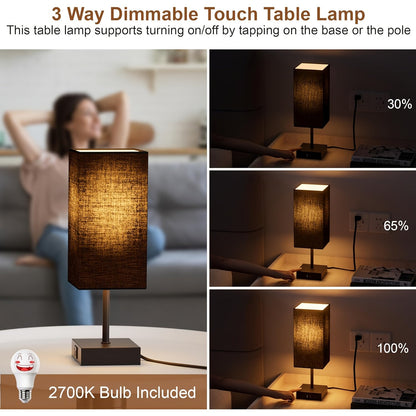 Set of 2 Bedside Table Lamps - Touch Control, USB C+A Charging Ports, 3-Way Dimmable, LED Bulbs , Upgraded Black for Bedroom Decor