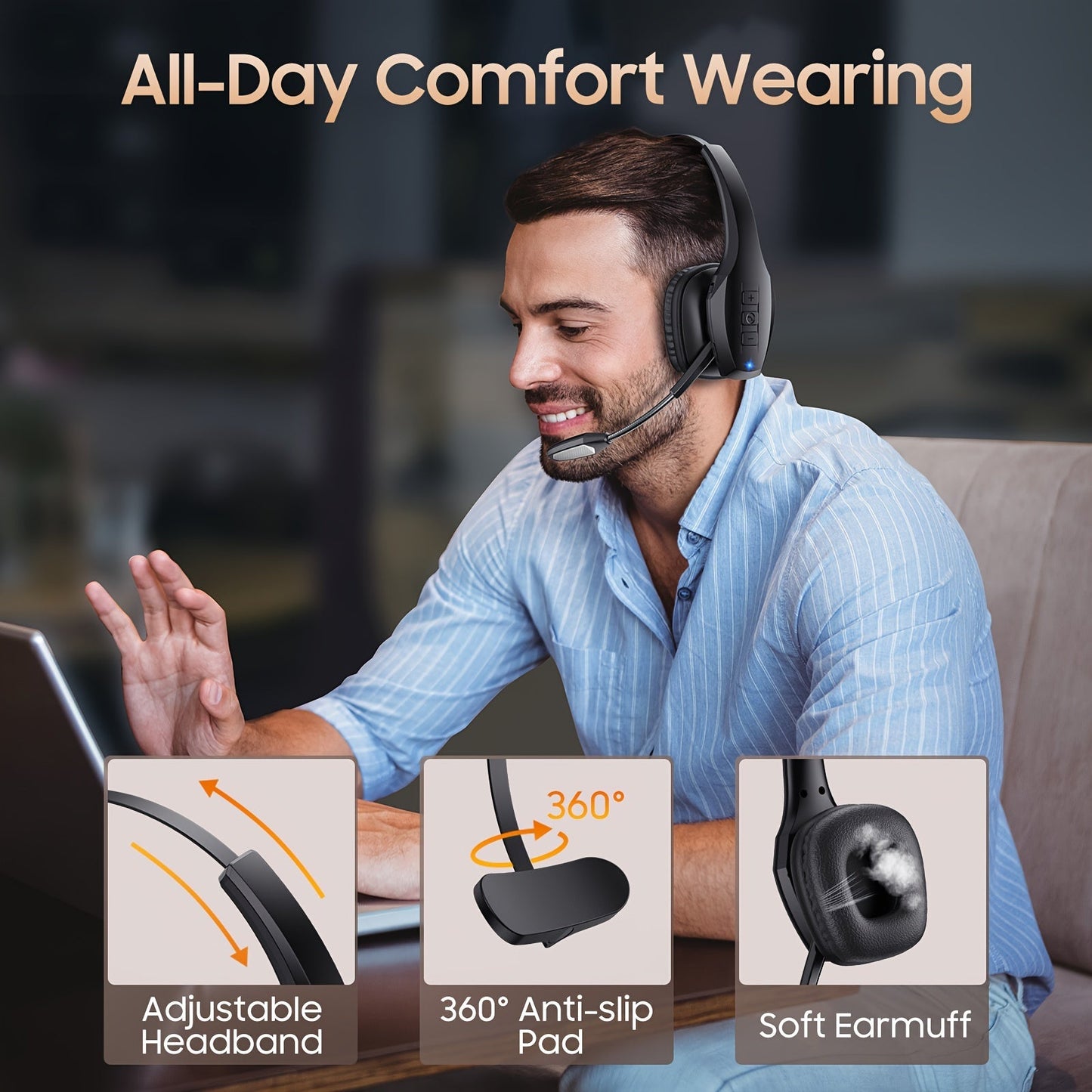 55-Hour Battery Life Wireless Trucker Headset - Dual Noise Cancelling Microphone for Truck Drivers, PC & Cell Phones