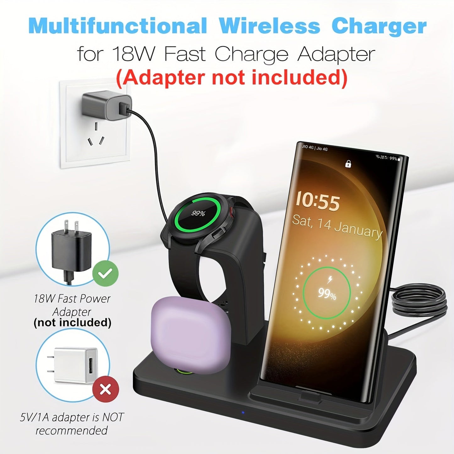 USB-C Fast Charging Station - 3 in 1 Wireless Charger for Samsung Phones, Watches, and Earbuds, Compatible with Galaxy Watch 6/5/4/3, S24/S23/S22/21, Note20/10, Z Fold/Flip 5/4