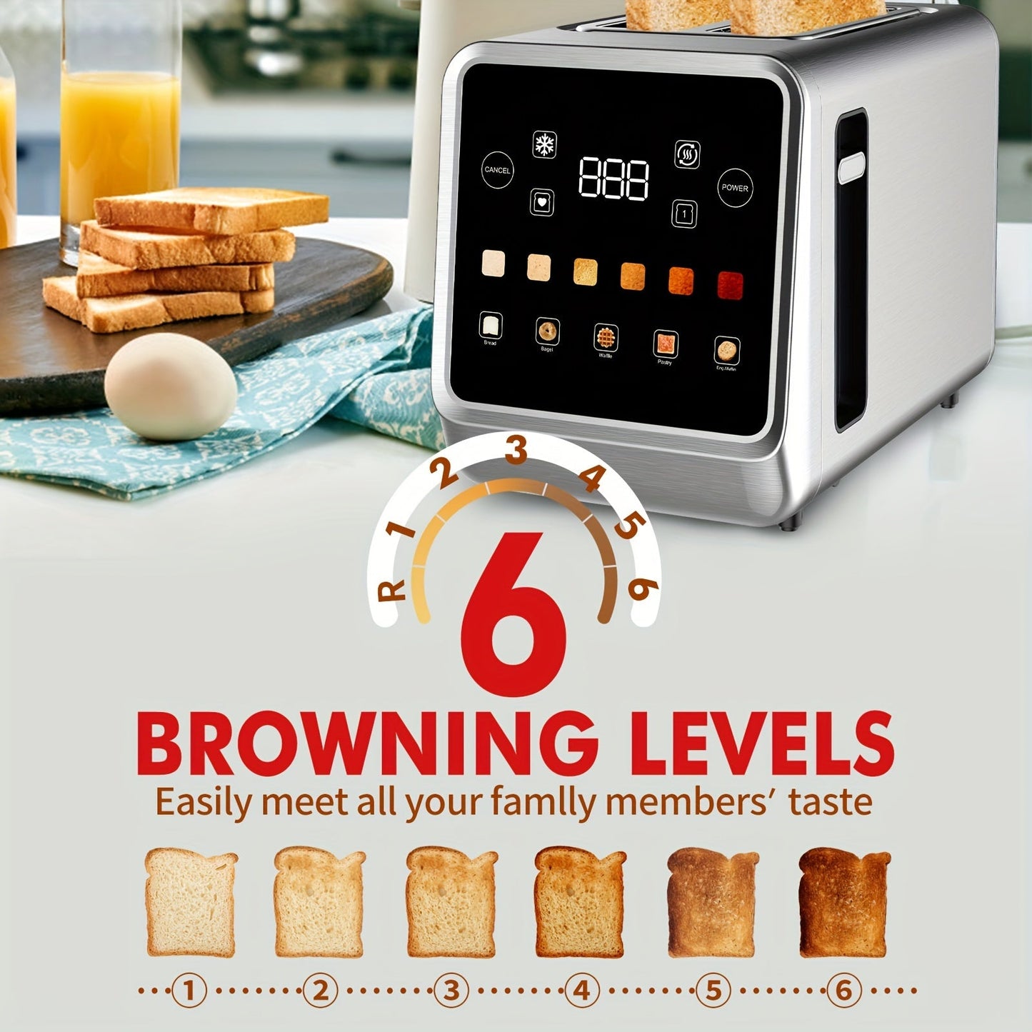 2-Slice Stainless Steel Toaster - Touch Screen Digital Timer, 6 Bread Types and Shade Settings, Bagel, Cancel, Defrost, Memory, 750W-1000W, US Plug
