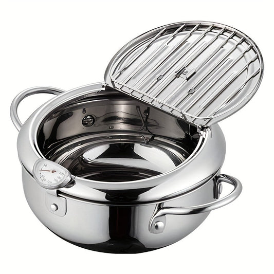 304 Stainless Steel Tempura Fryer Pot – 2.2L, Non-Stick, with Thermometer & Lid for Chicken & Tempura