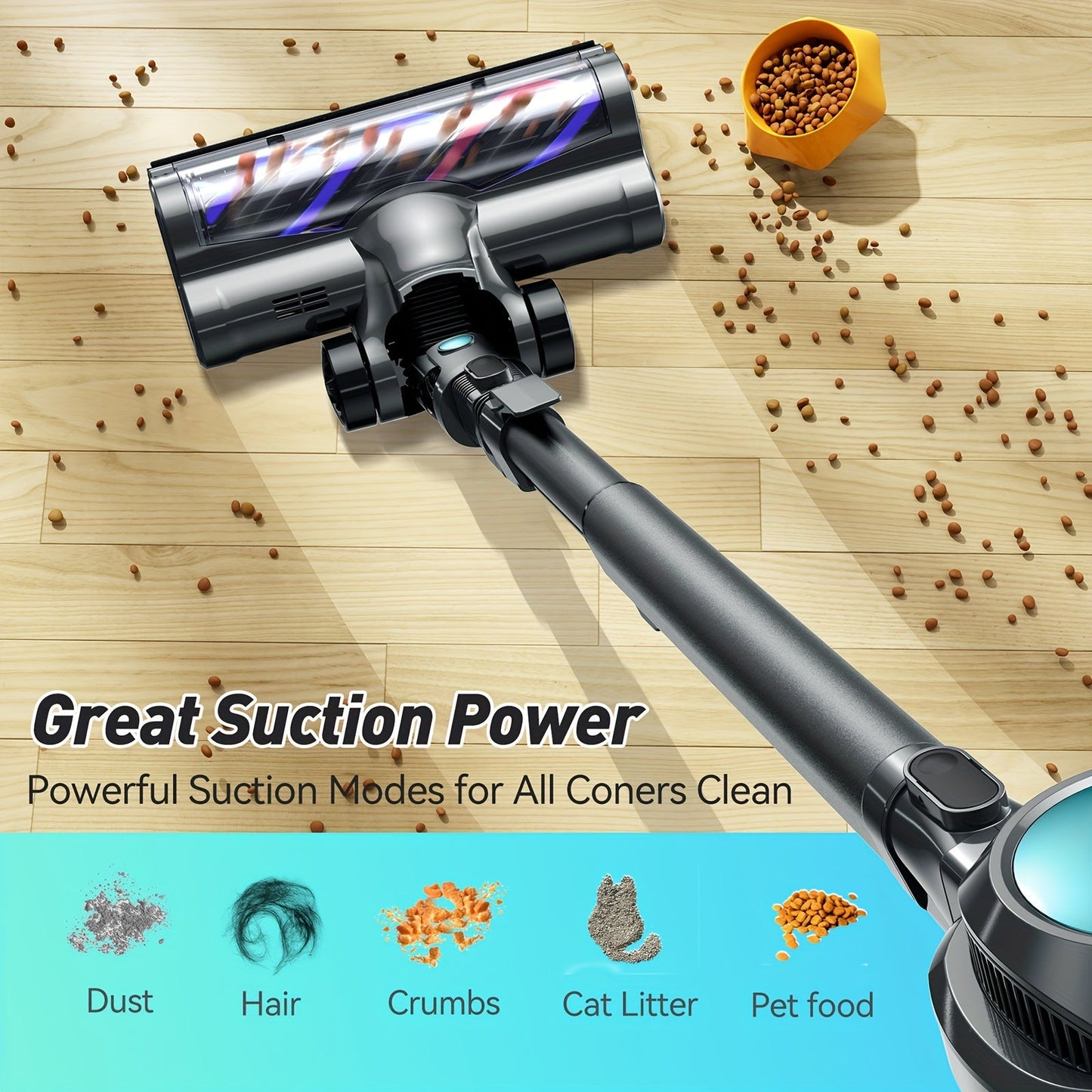 Cordless Vacuum Cleaner – Lightweight Stick Vacuum with Powerful Suction, Detachable Battery, LED Brush, 43.96oz Dust Cup, 4-in-1 Handheld for Home, Hard Floors, Carpet, Pet Hair