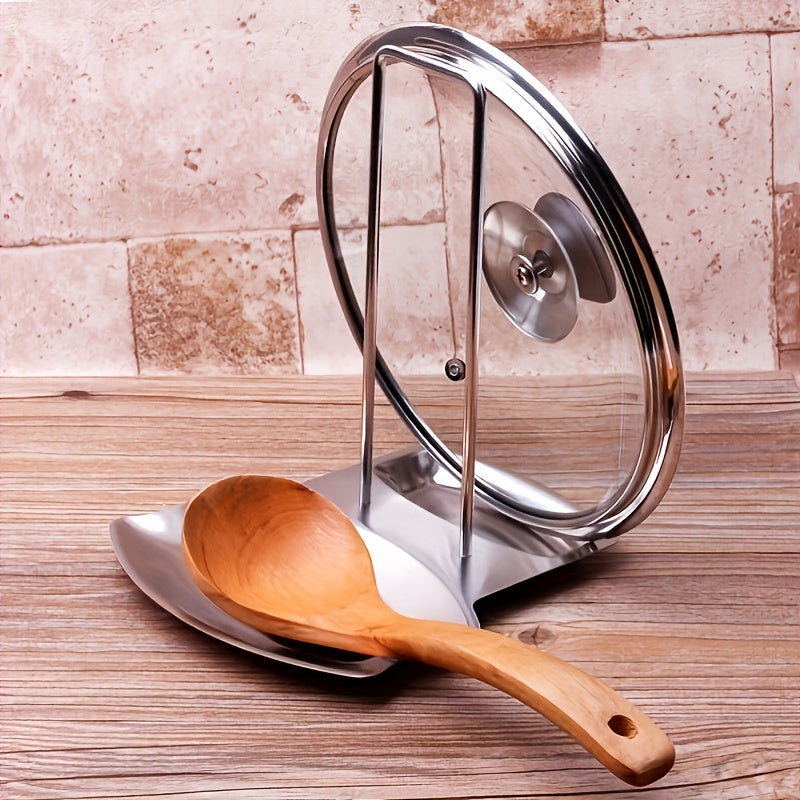 Stainless Steel Lid and Spoon Rest Stand - Detachable Pan Cover Holder, No-Drill Kitchen Organizer with Drip Tray, Eid Mubarak Special Cookware Accessory, Metal Material