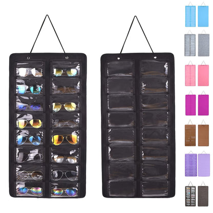 16 Slot Hanging Glasses Organizer - PVC Wall Pocket with Dust-Proof Holder, Metal Hook, and Sturdy Rope, Ideal for Women's Fashion Accessories, Perfect for Christmas/Halloween Gift