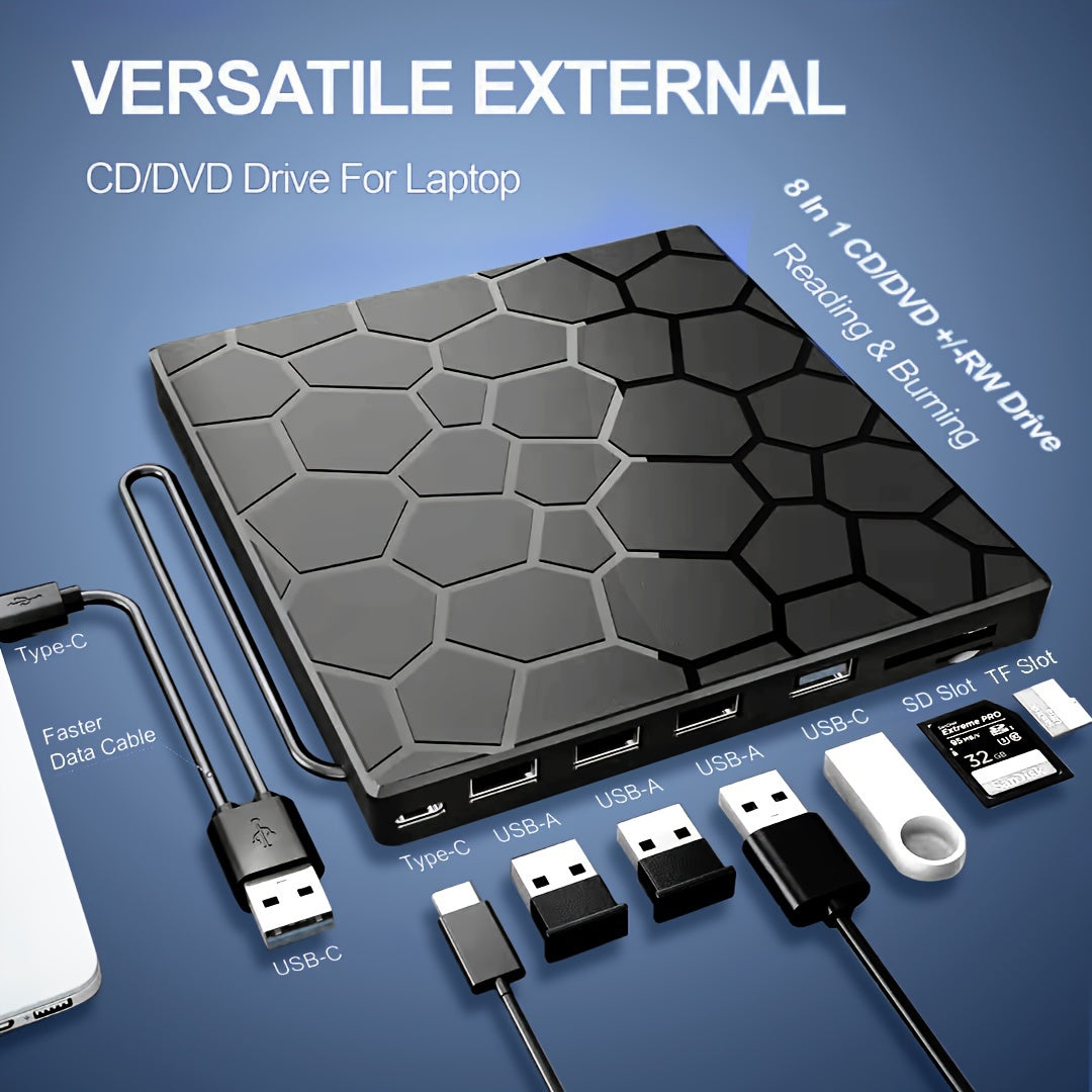 8-in-1 Ultra-Slim Portable External CD/DVD Drive – High-Speed USB 3.0 DVD Player and CD Burner for Laptop and Desktop – Compatible with Mac, Windows 11/10/8/7, Linux