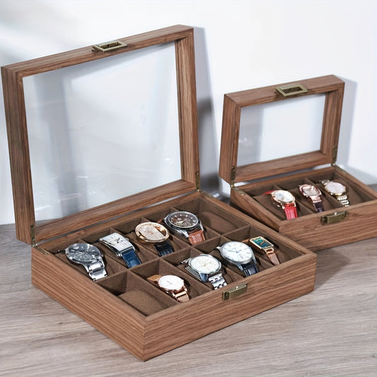 Walnut Wooden Watch Box - European Wrist Watch Storage Organizer with Transparent Lid, Dustproof Display Case, Available in 3/6/10/12-Slot for Watch Gift Packaging
