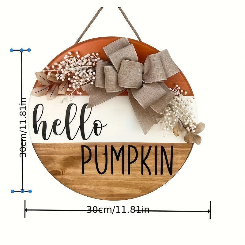 Rustic Wooden Hello Pumpkin Sign – Round Autumn Door Hanger with Bow and Foliage for Fall Harvest Home Decor