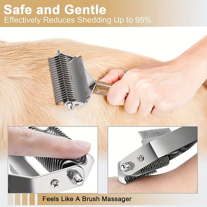 2 in 1 Pet Dematting Comb for Dogs & Cats - Stainless Steel Deshedding Brush with Wooden Handle, Removes Tangles & Loose Undercoat