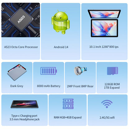 PRITOM 10.1" 2-in-1 Android 14 Tablet - Includes Keyboard, Mouse, Protective Case, Stylus, 128GB ROM, 4GB+4GB RAM, 8MP Dual Camera, 8-Core Processor, 8000mAh Battery, 1280x800 IPS HD Display, Wi-Fi