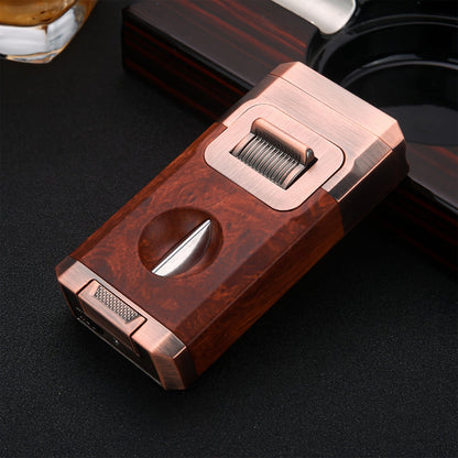 Double Windproof Jet Flame Torch Lighter with V-Shaped Knife - Built-in Holder, Visible Air Window, Clipper for Candles and Outdoor Use, Cool Cigarette Accessory Gift (No Butane)