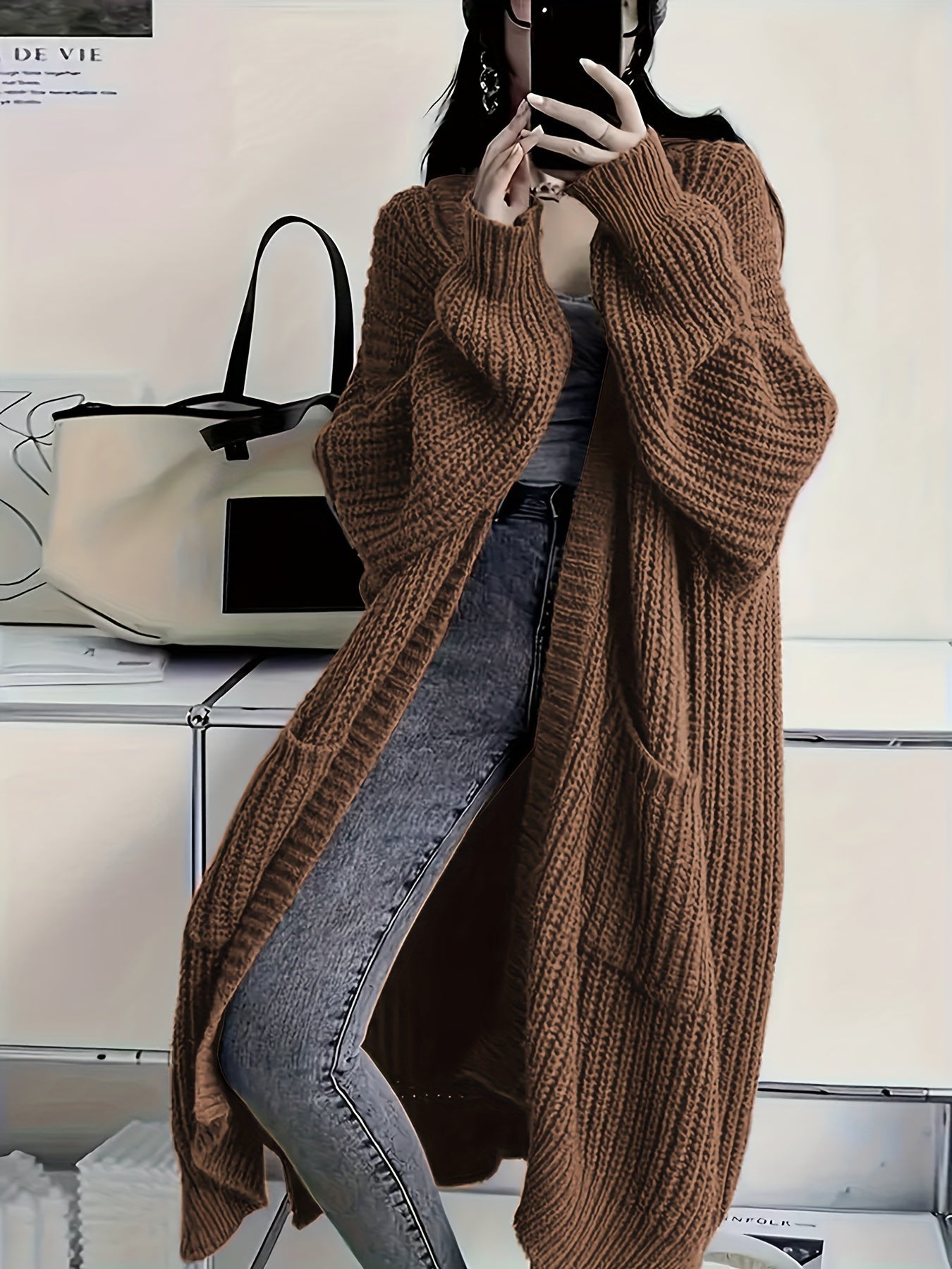 Plus Size Open Front Knit Cardigan - Long Sleeve, Casual Loose Fit with Pockets, Women's Clothing