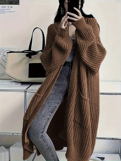 Plus Size Open Front Knit Cardigan - Long Sleeve, Casual Loose Fit with Pockets, Women's Clothing