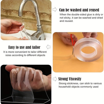 3 PCS Heavy Duty Double-Sided Tape – Reusable, Traceless, Strong Sticky Tape Strips, Multipurpose Washable Nano Tape for Home, Office, Car