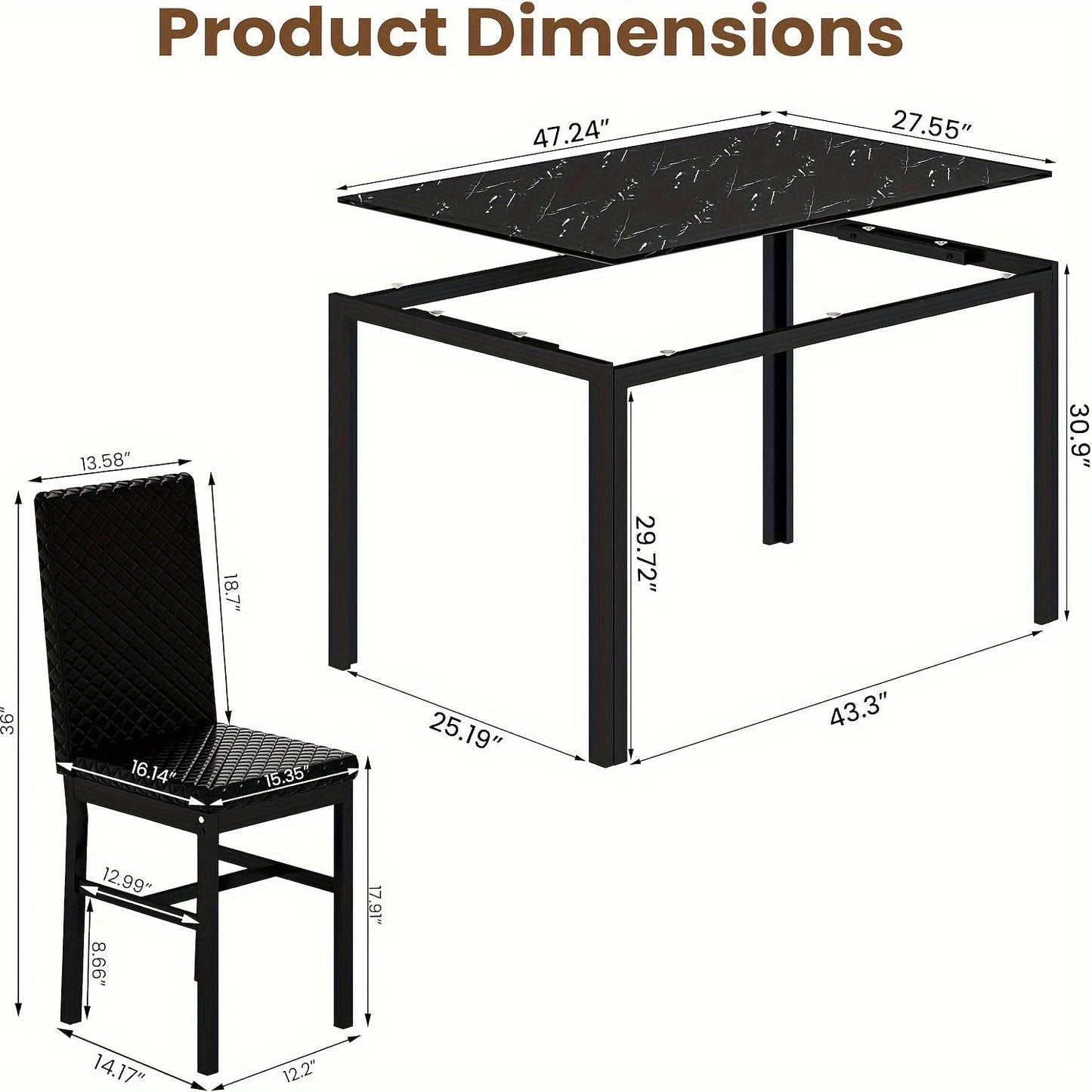 5 Piece Modern Luxurious Dining Room Table Set - Tempered Glass Top, Metal Frame, Faux Leather Chairs, Counter Height for 4 Person Breakfast Nook