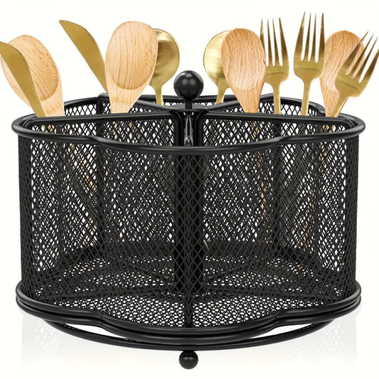360° Rotating Metal Kitchen Utensil Holder – 5 Compartment Cutlery Organizer for Kitchen & Dining Tables