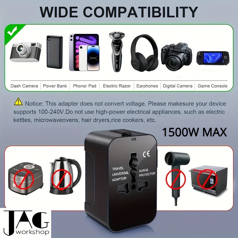 Universal Travel Adapter with Dual USB Ports - All-In-One Wall Charger with US/EU/UK/AU Plugs, 110V-240V Input, Surge Protection, Compatible with iPhone, Samsung, Tablets for Over 150 Countries