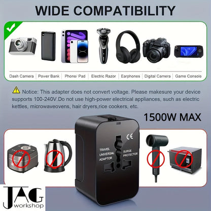 Universal Travel Adapter with Dual USB Ports - All-In-One Wall Charger with US/EU/UK/AU Plugs, 110V-240V Input, Surge Protection, Compatible with iPhone, Samsung, Tablets for Over 150 Countries