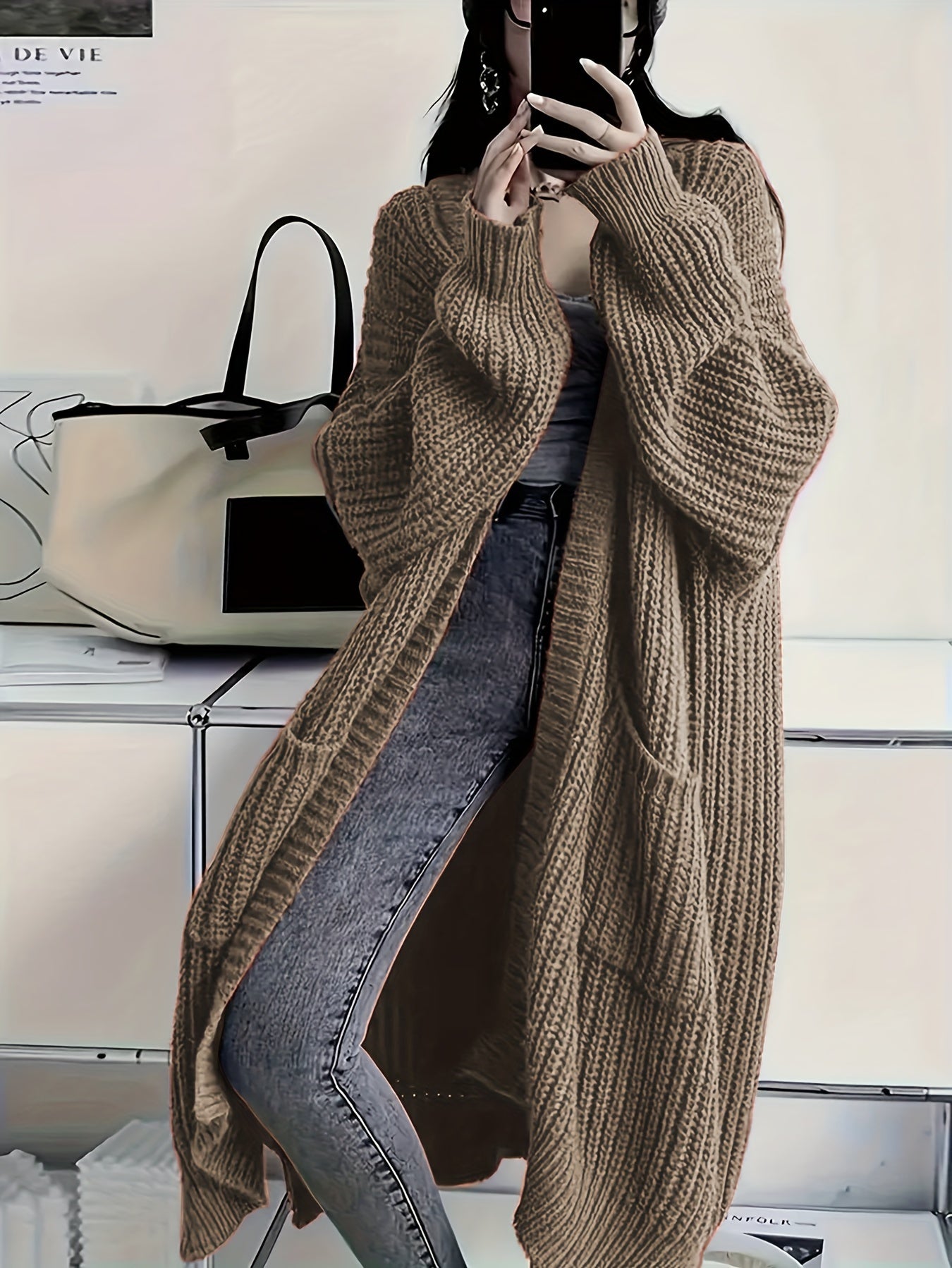 Plus Size Open Front Knit Cardigan - Long Sleeve, Casual Loose Fit with Pockets, Women's Clothing