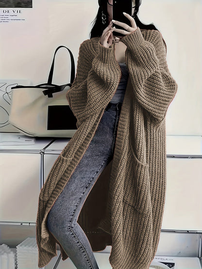 Plus Size Open Front Knit Cardigan - Long Sleeve, Casual Loose Fit with Pockets, Women's Clothing