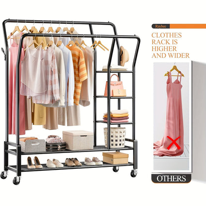 Heavy Duty Double Rod Clothes Rack – 255LBS Capacity, Metal Rolling Closet Rack with Wheels for Hanging Clothes, Laundry Storage Organization