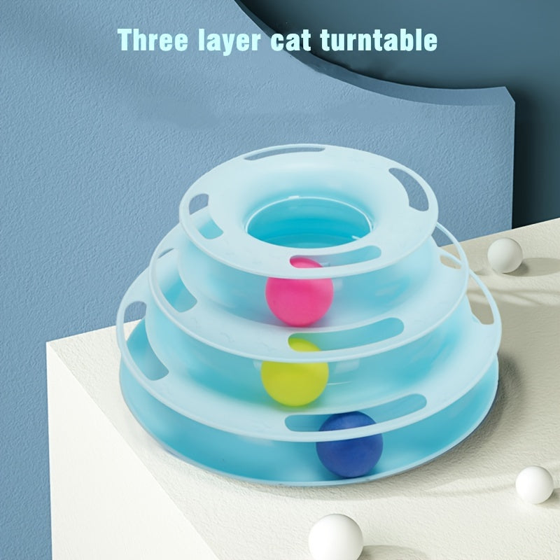 Interactive Cat Toy Tower with Rotating Balls - Durable Plastic Three-Level Track and Ball Play Structure, Entertaining and Stimulating Pet Activity Center, No Batteries Needed, Assorted Ball Colors