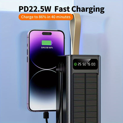 60000mAh Solar Mobile Power Bank - High Capacity Portable Charger with 22.5W Max PD3.0 Fast Charging, 7 Ports, LED Display, Built-in USB-C Cable, Perfect for Outdoor Camping and Emergency Use