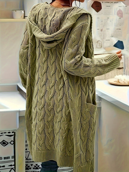 Plus Size Women's Casual Cardigan - Solid Cable Knit Long Sleeve Open Front Hooded Cardigan with Pockets