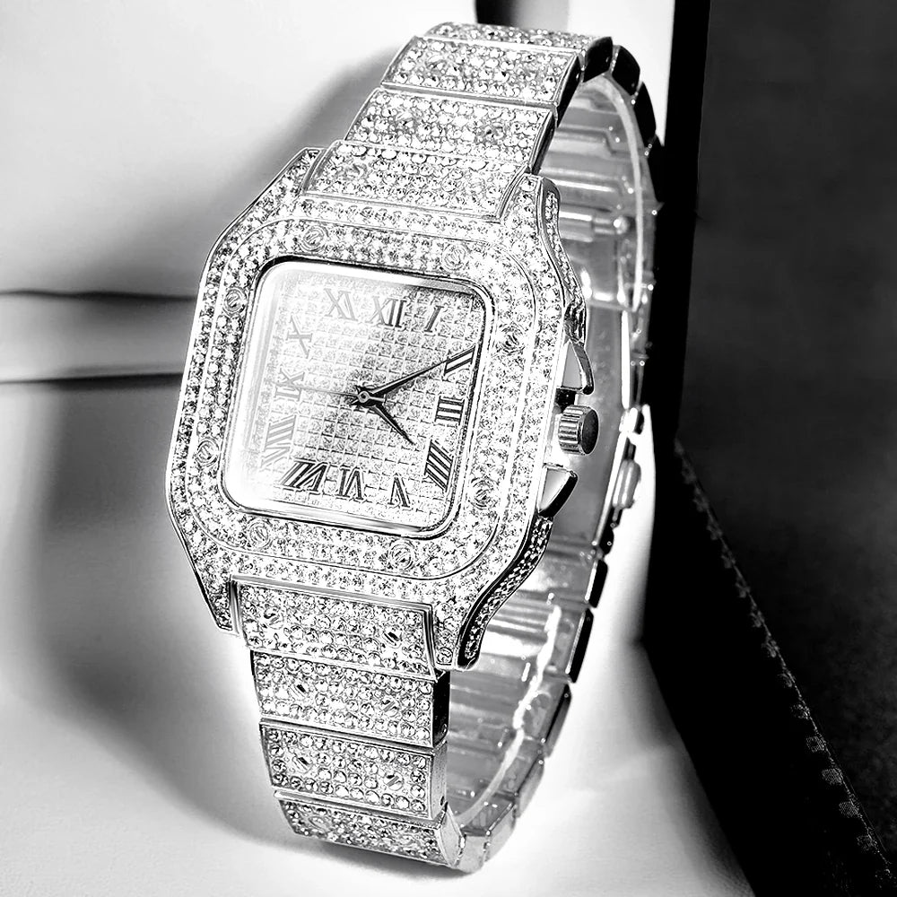 Gold Color Cuban Chain Watch for Men - Hip Hop Miami Curb, Iced Out Rhinestones, Bling Rapper Necklace, Watch & Bracelet Jewelry