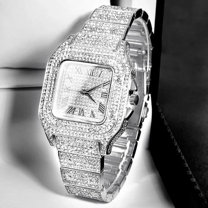 Gold Color Cuban Chain Watch for Men - Hip Hop Miami Curb, Iced Out Rhinestones, Bling Rapper Necklace, Watch & Bracelet Jewelry