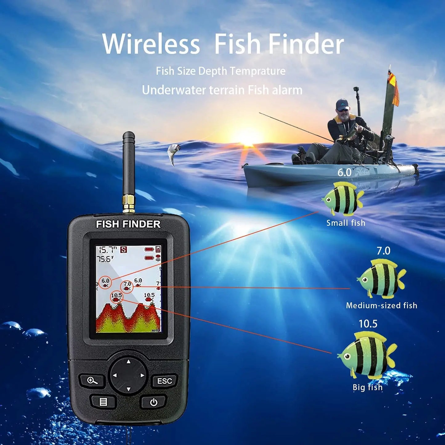 Wireless Sonar Fish Finder - Portable Underwater Fishing Detector with Echo Sounder and Fishing Alert
