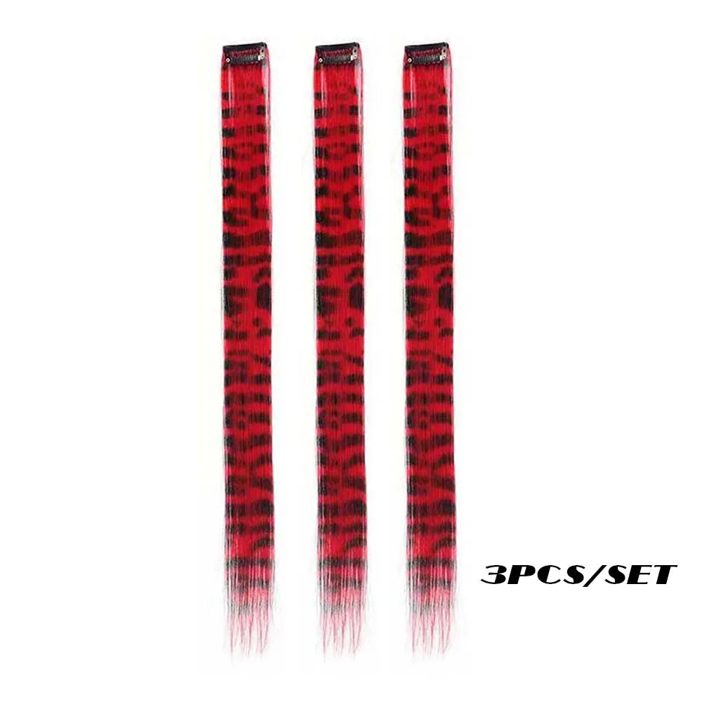 3-Piece Colorful Stripe Hair Extensions - Long Straight Synthetic Clip-In Hair Pieces for Parties & Halloween