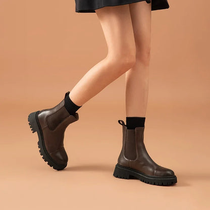 BeauToday Women’s Flat Chelsea Ankle Boots - Genuine Cow Leather Elastic Side Strap Handmade Spring & Autumn Shoes