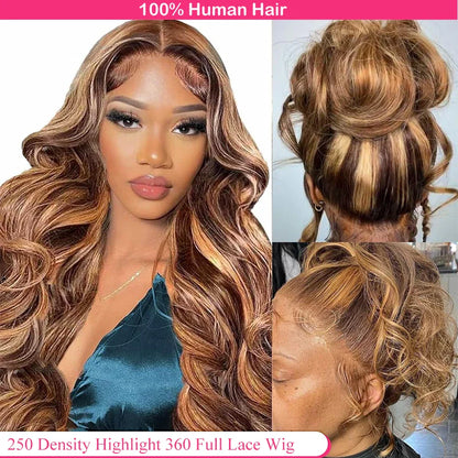 360 Full Lace Wig – Pre-Plucked P4/27 Human Hair, 38 Inches HD Lace Front Body Wave Highlight Wig