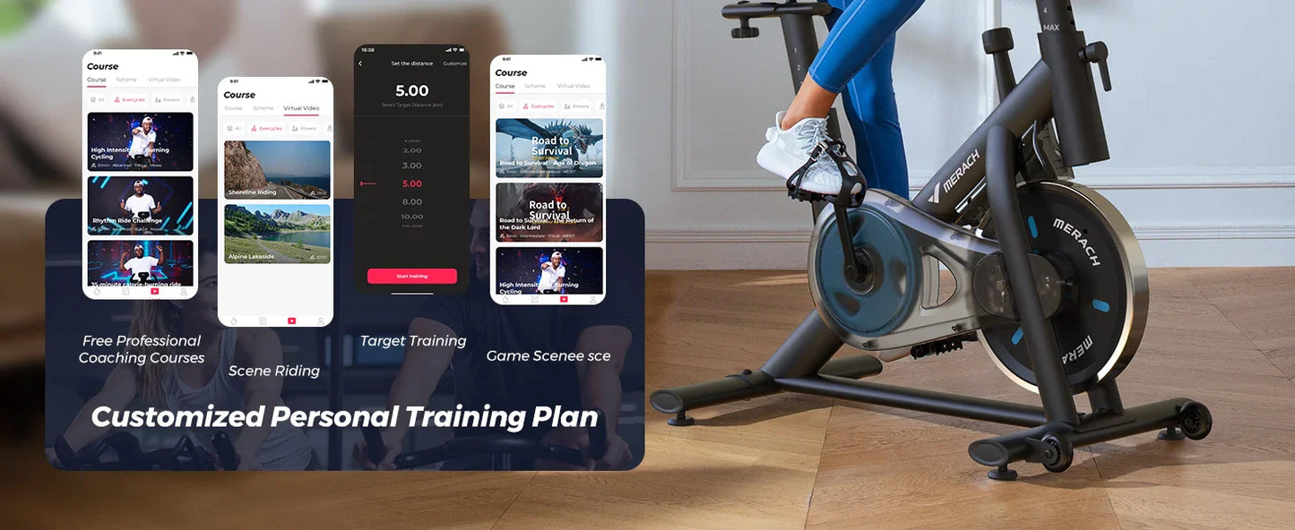 MERACH Exercise Bike – Low Noise Stationary Cycling Bike with 270lbs Weight Capacity, Tablet Mount & Fitness Courses for Indoor Workouts
