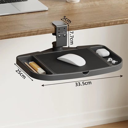 Clamp-On Desk Organizer – 360° Rotating Under-Desk Mouse Tray, Easy Install Storage Shelf for Home, Office & Dorm Use